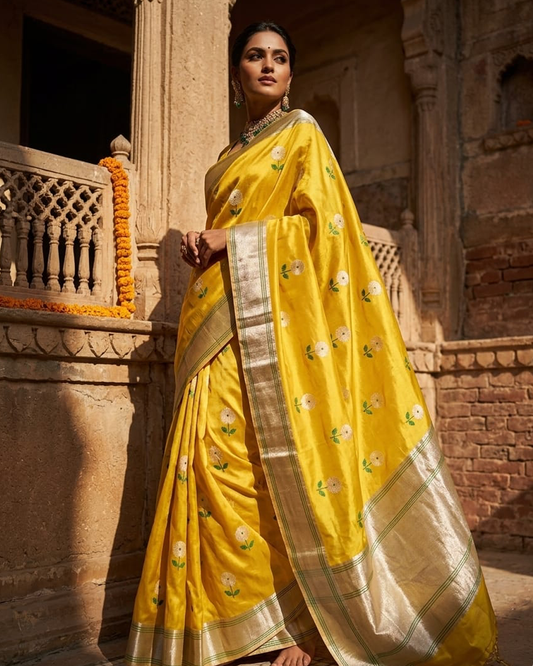 Yellow Chanderi Saree with Floral Motifs and Zari Pallu